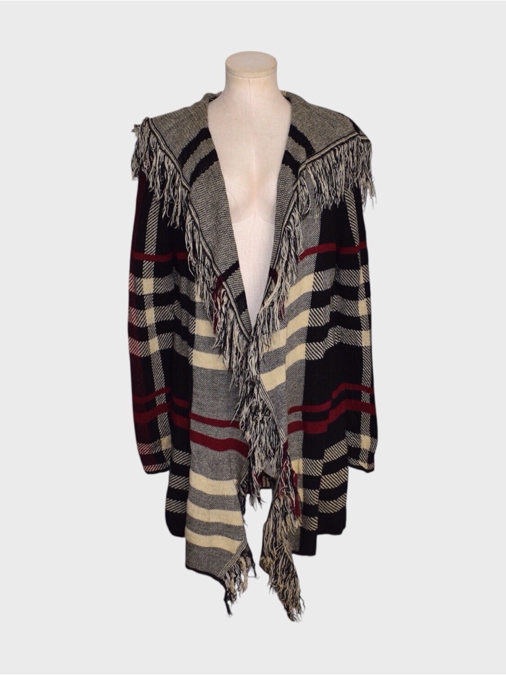 C Est 1946 Tartan Plaid Fringe Hooded Cardigan